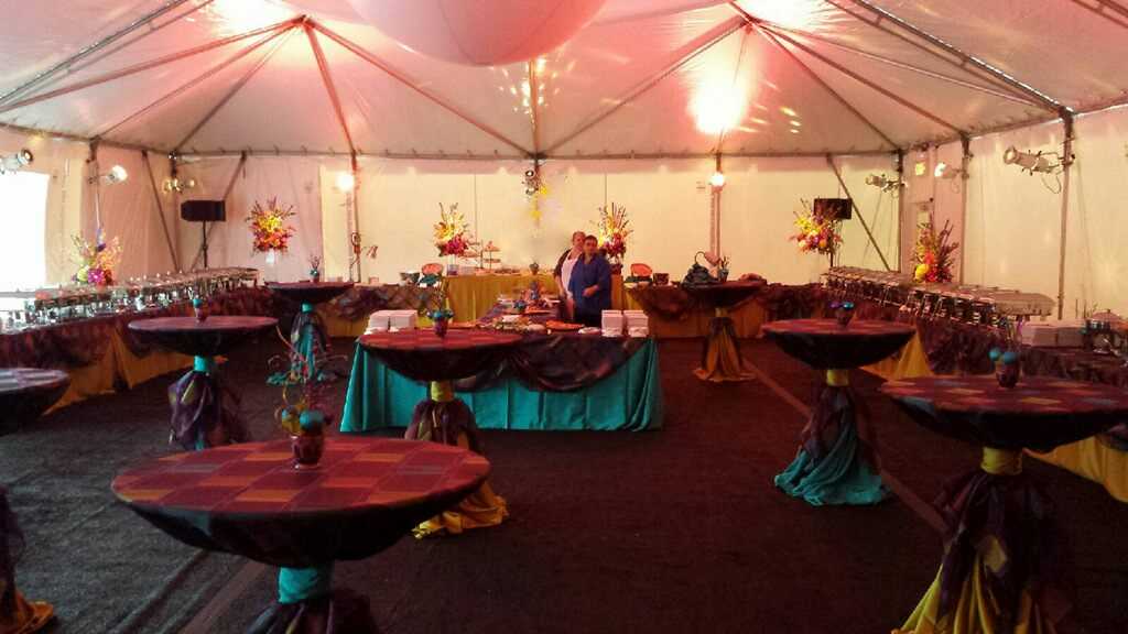 high boy tables, buffet & beverage stations at tented holiday party