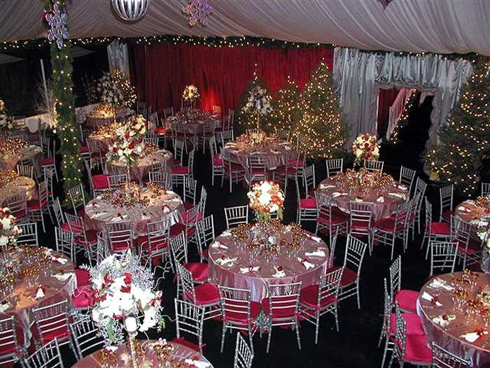 corporate holiday party with trees and bright table linens